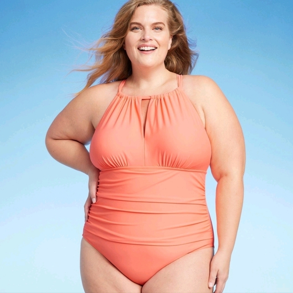 Women's Full Coverage Tummy Control High Neck Halter 1 Piece Swimsuit - Kona 20